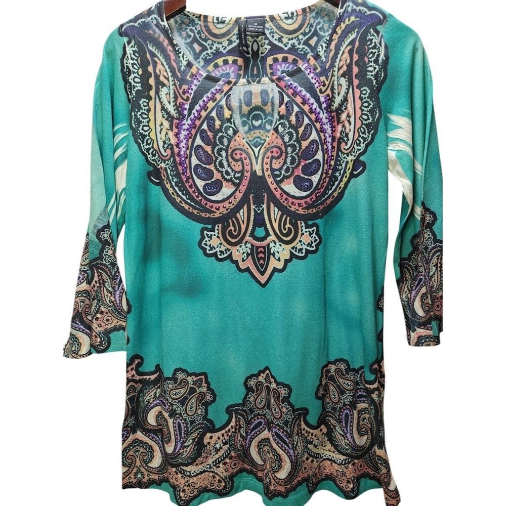 New Directions Women’s Boho Paisley Tunic Top 3/4 Sleeve Green Multicolor M USA